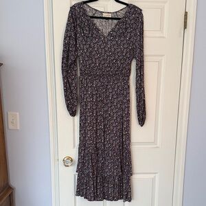 Universal Thread Black Floral Long-Sleeve Midi Dress with Pink Accents